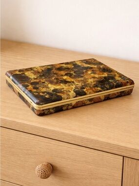 Vintage 60-70s Mele Brown Tortoise Print Vinyl Covered Clam Shell Jewelry Box